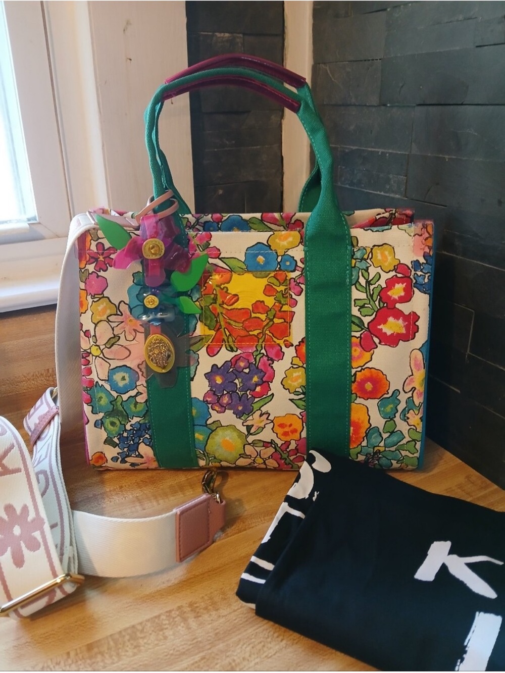 Kurt Geiger NWT Floral Tote W/ Guitar Strap, Bag Charm, with card wallet. - Picture 1 of 10